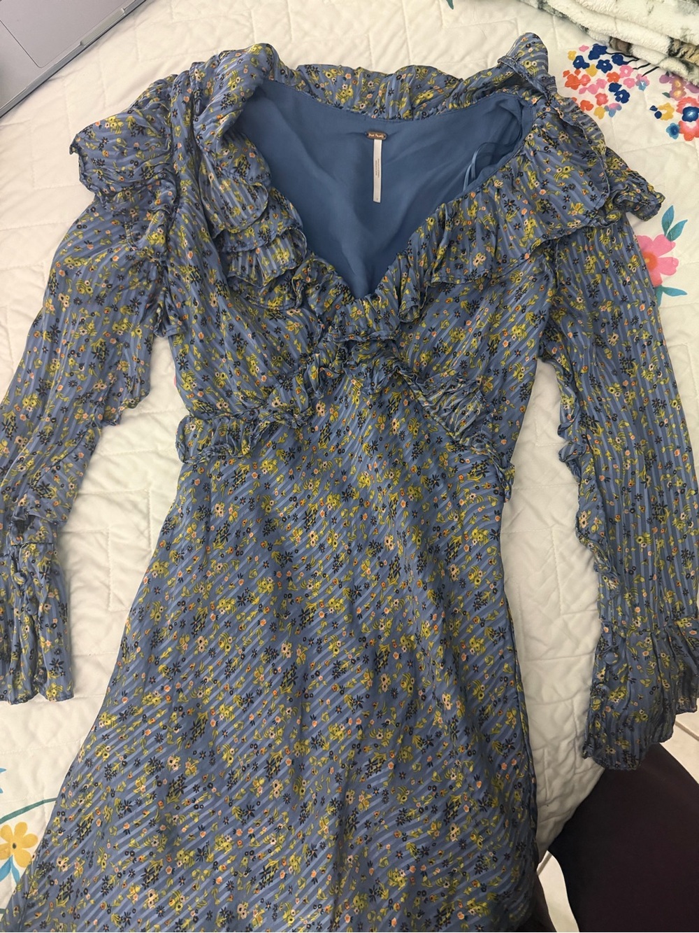 Free People Blue Floral Ruffle V-Neck Mini Dress